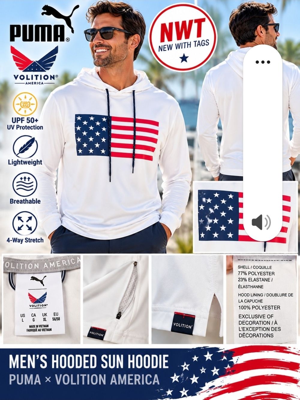 Puma White Hooded Sun Hoodie with American Flag